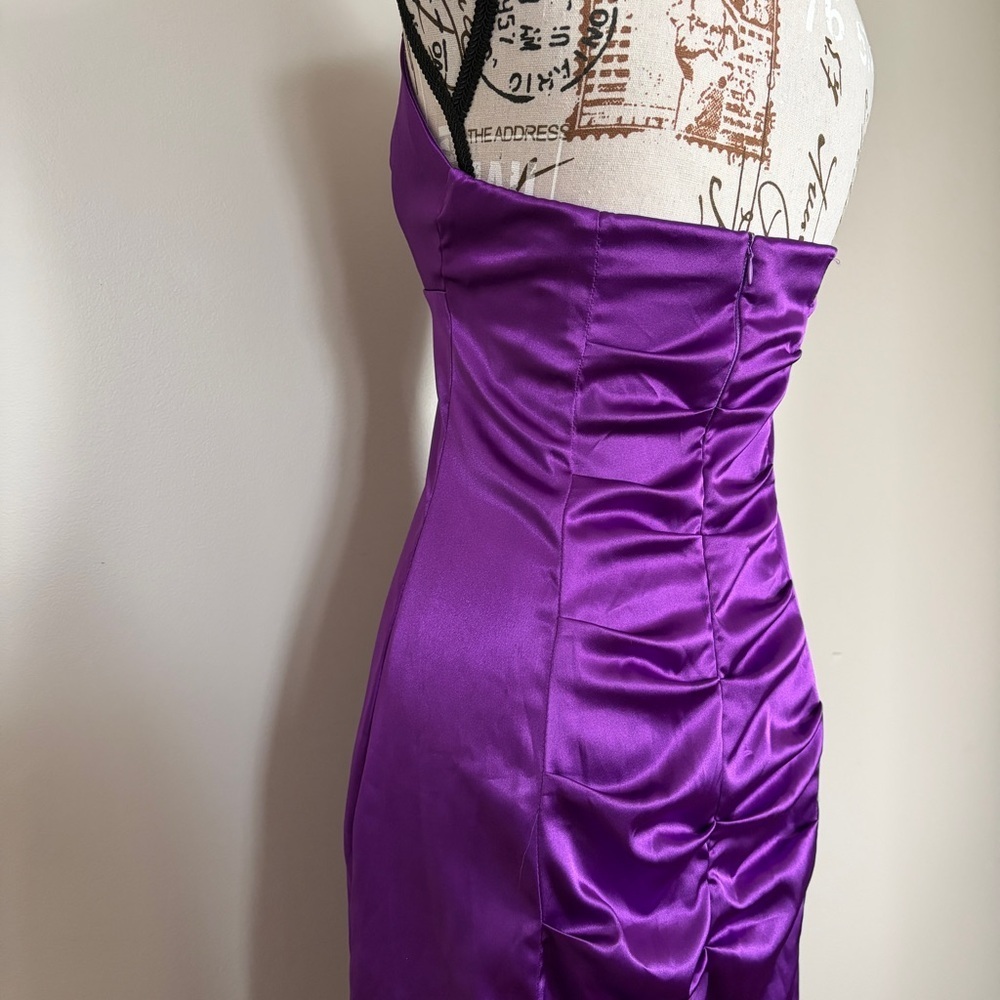 Vintage 90s Purple Ruched Halter Mini Dress Rhinestone Glam Prom Party - Picture 8 of 11